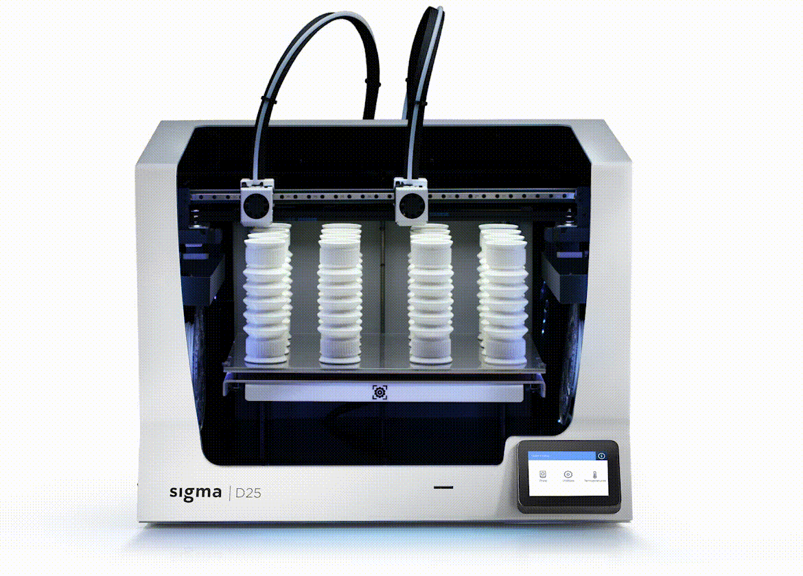 Impresora BCN3D Sigma D25 imprimiendo en modo duplicación unas juntas de dilatación de goma blancas.